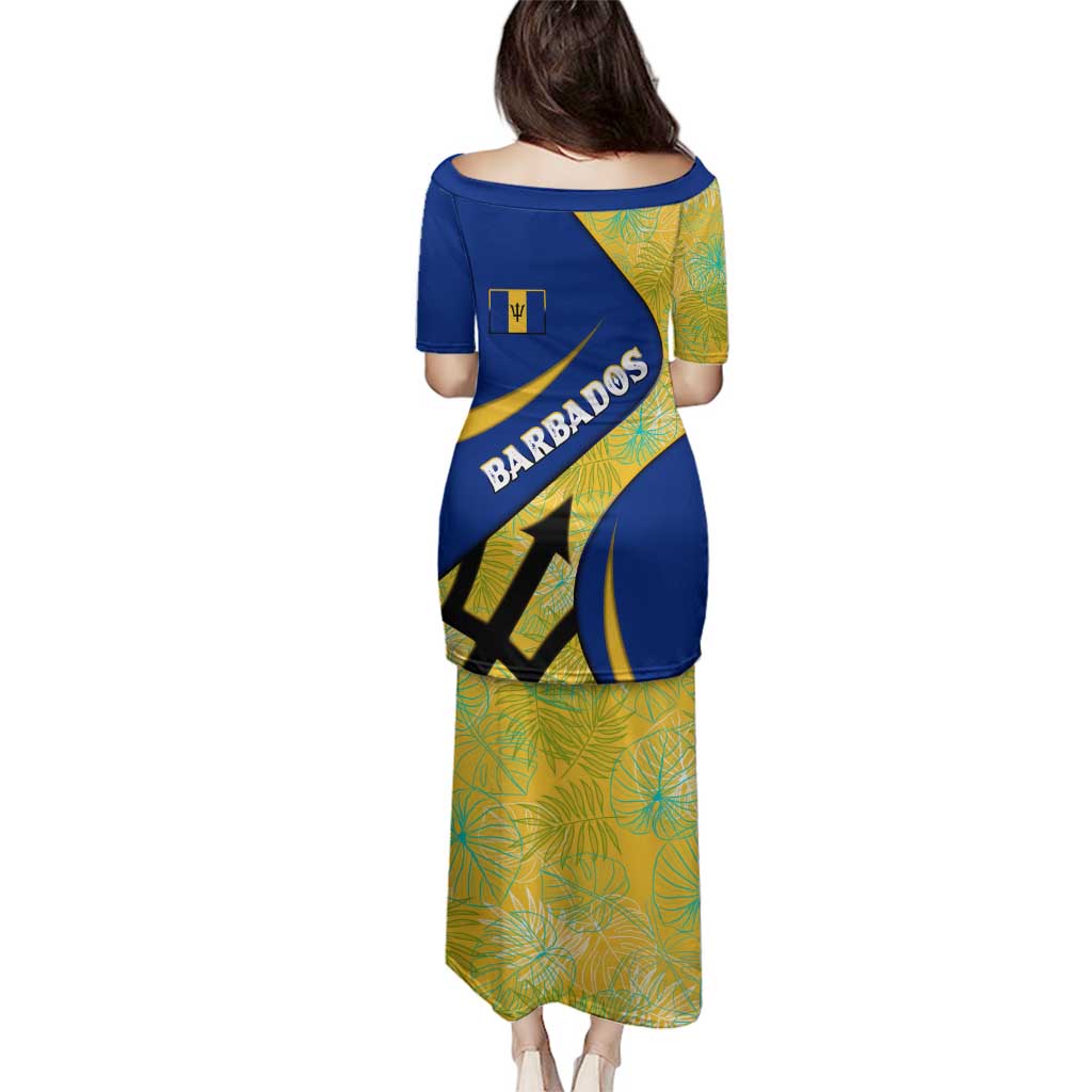 Barbados Flag Family Matching Puletasi and Hawaiian Shirt Blue and Yellow with Trident and Tropical Leaf Pattern - Wonder Print Shop