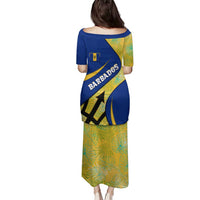 Barbados Flag Family Matching Puletasi and Hawaiian Shirt Blue and Yellow with Trident and Tropical Leaf Pattern - Wonder Print Shop