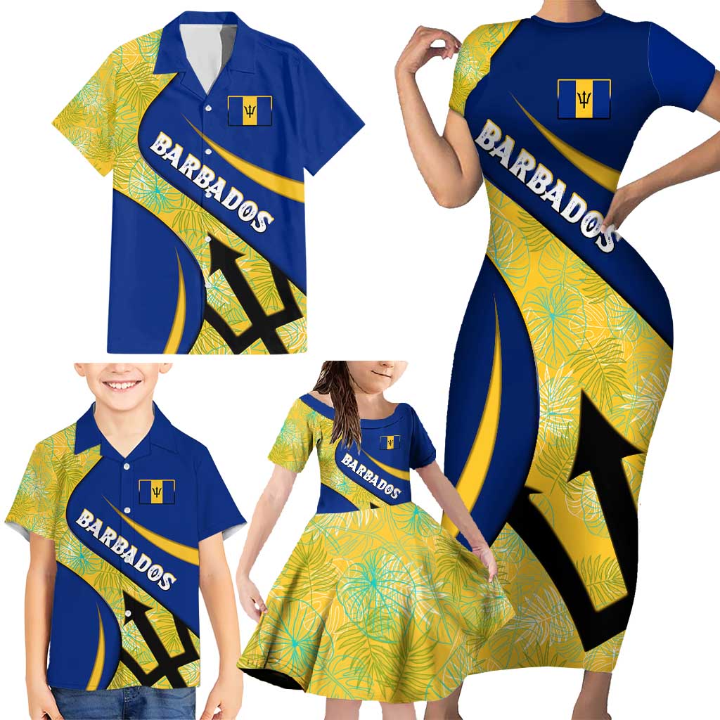 Barbados Flag Family Matching Short Sleeve Bodycon Dress and Hawaiian Shirt Blue and Yellow with Trident and Tropical Leaf Pattern - Wonder Print Shop
