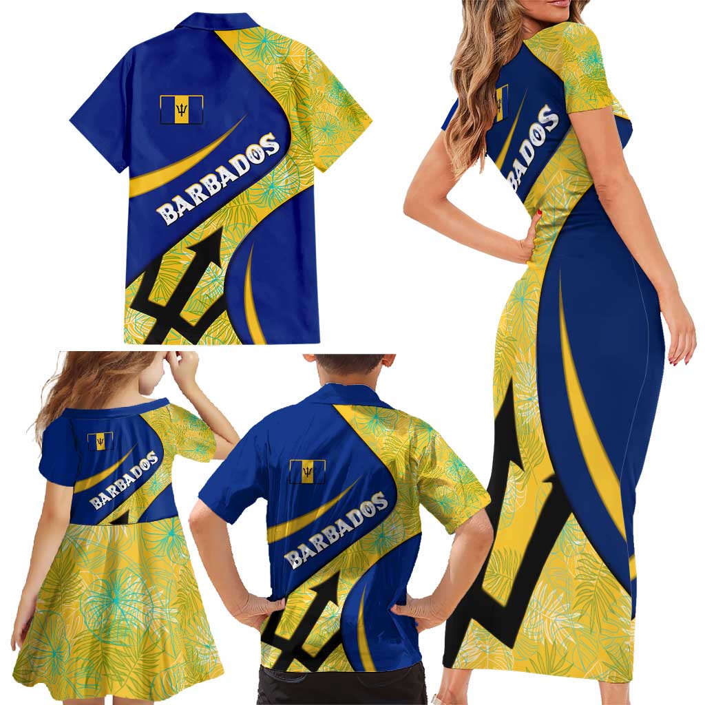 Barbados Flag Family Matching Short Sleeve Bodycon Dress and Hawaiian Shirt Blue and Yellow with Trident and Tropical Leaf Pattern - Wonder Print Shop