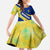 Barbados Flag Family Matching Summer Maxi Dress and Hawaiian Shirt Blue and Yellow with Trident and Tropical Leaf Pattern - Wonder Print Shop