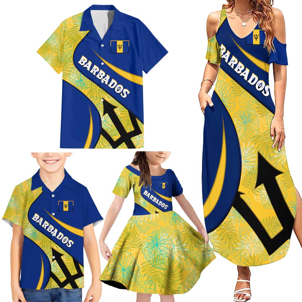 Barbados Flag Family Matching Summer Maxi Dress and Hawaiian Shirt Blue and Yellow with Trident and Tropical Leaf Pattern - Wonder Print Shop