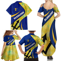 Barbados Flag Family Matching Summer Maxi Dress and Hawaiian Shirt Blue and Yellow with Trident and Tropical Leaf Pattern - Wonder Print Shop