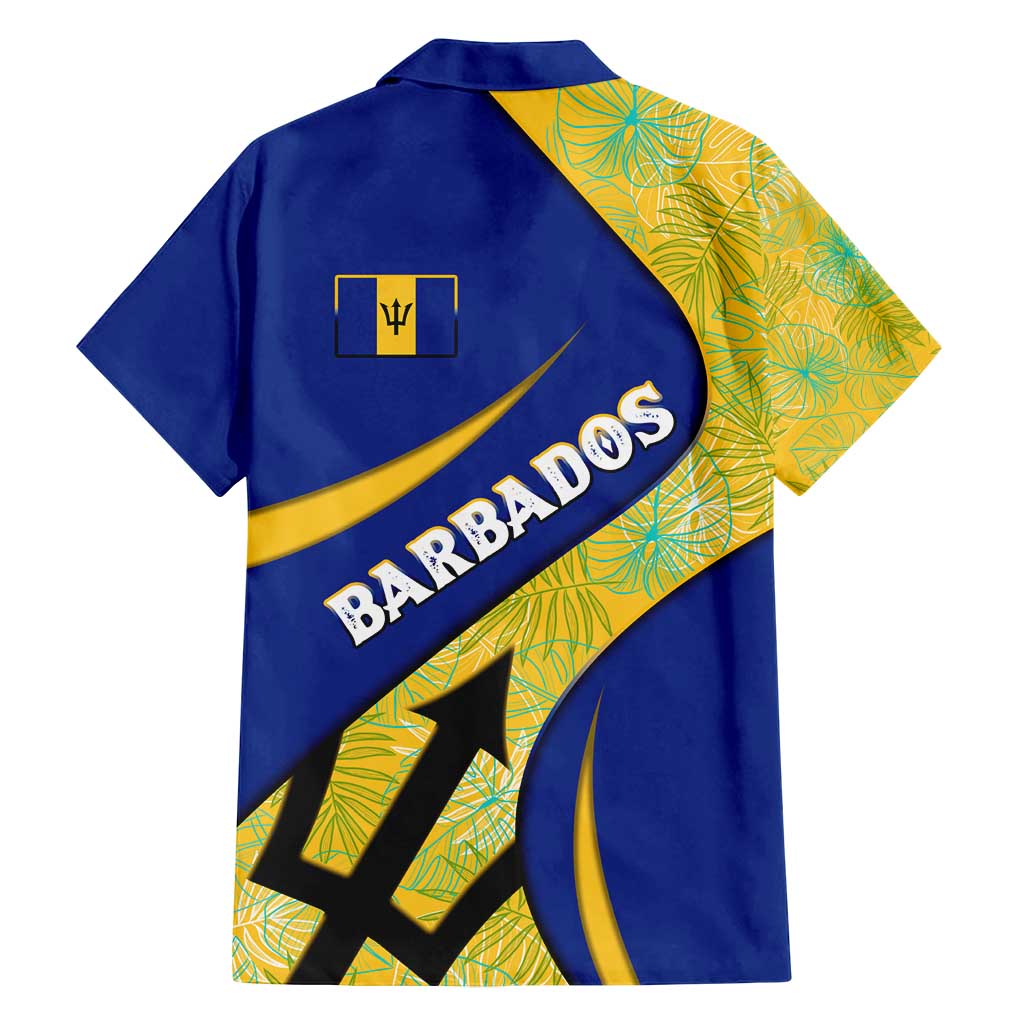 Barbados Flag Family Matching Summer Maxi Dress and Hawaiian Shirt Blue and Yellow with Trident and Tropical Leaf Pattern - Wonder Print Shop