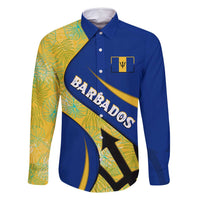 Barbados Flag Family Matching Summer Maxi Dress and Hawaiian Shirt Blue and Yellow with Trident and Tropical Leaf Pattern - Wonder Print Shop