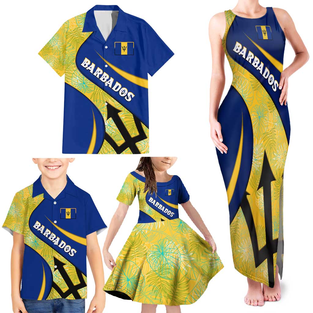 Barbados Flag Family Matching Tank Maxi Dress and Hawaiian Shirt Blue and Yellow with Trident and Tropical Leaf Pattern - Wonder Print Shop