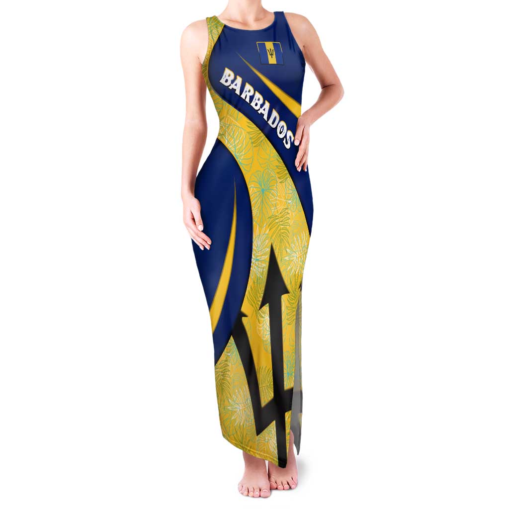 Barbados Flag Family Matching Tank Maxi Dress and Hawaiian Shirt Blue and Yellow with Trident and Tropical Leaf Pattern - Wonder Print Shop