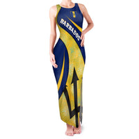 Barbados Flag Family Matching Tank Maxi Dress and Hawaiian Shirt Blue and Yellow with Trident and Tropical Leaf Pattern - Wonder Print Shop