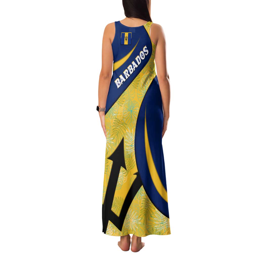 Barbados Flag Family Matching Tank Maxi Dress and Hawaiian Shirt Blue and Yellow with Trident and Tropical Leaf Pattern - Wonder Print Shop