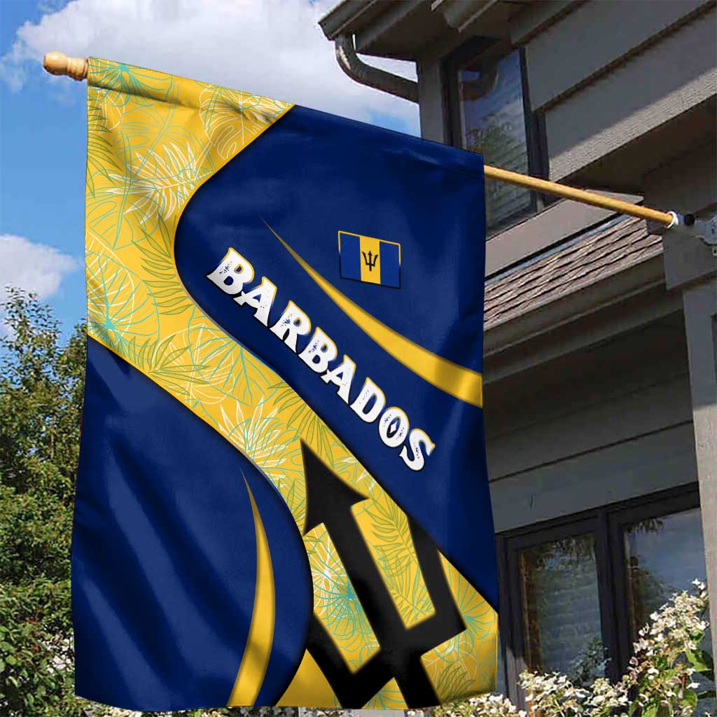 Barbados Flag Garden Flag Blue and Yellow with Trident and Tropical Leaf Pattern - Wonder Print Shop