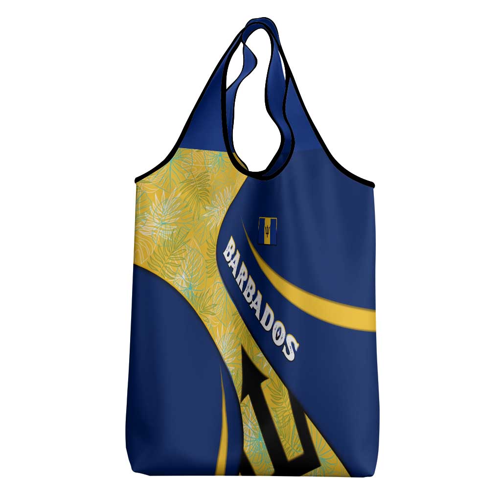 Barbados Flag Grocery Bag Blue and Yellow with Trident and Tropical Leaf Pattern - Wonder Print Shop