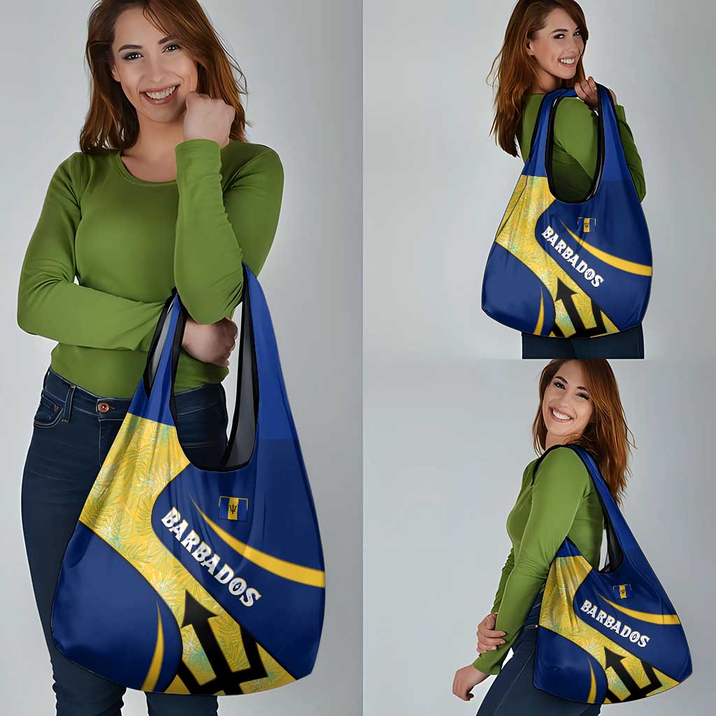 Barbados Flag Grocery Bag Blue and Yellow with Trident and Tropical Leaf Pattern - Wonder Print Shop