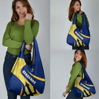Barbados Flag Grocery Bag Blue and Yellow with Trident and Tropical Leaf Pattern - Wonder Print Shop