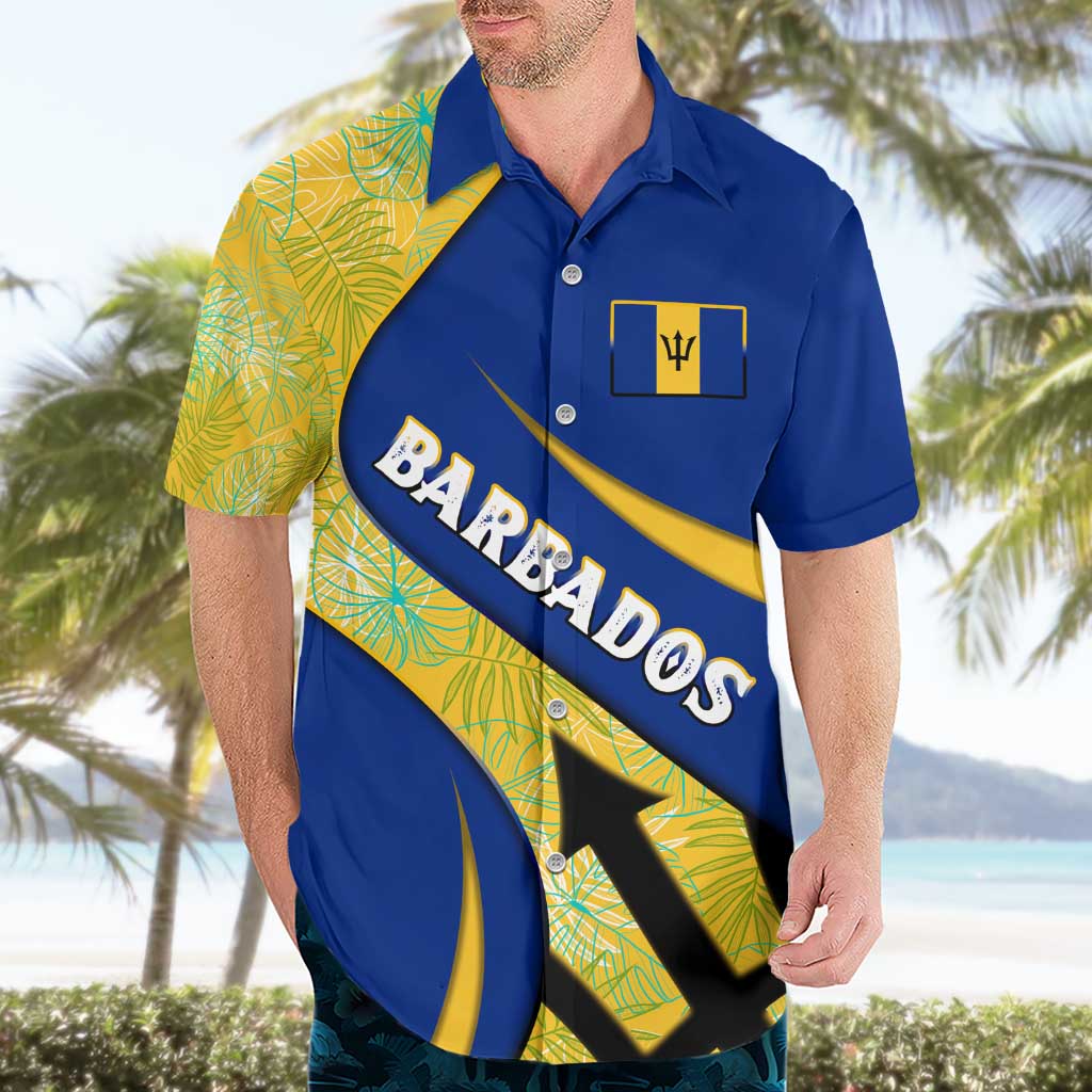 Barbados Flag Hawaiian Shirt Blue and Yellow with Trident and Tropical Leaf Pattern - Wonder Print Shop