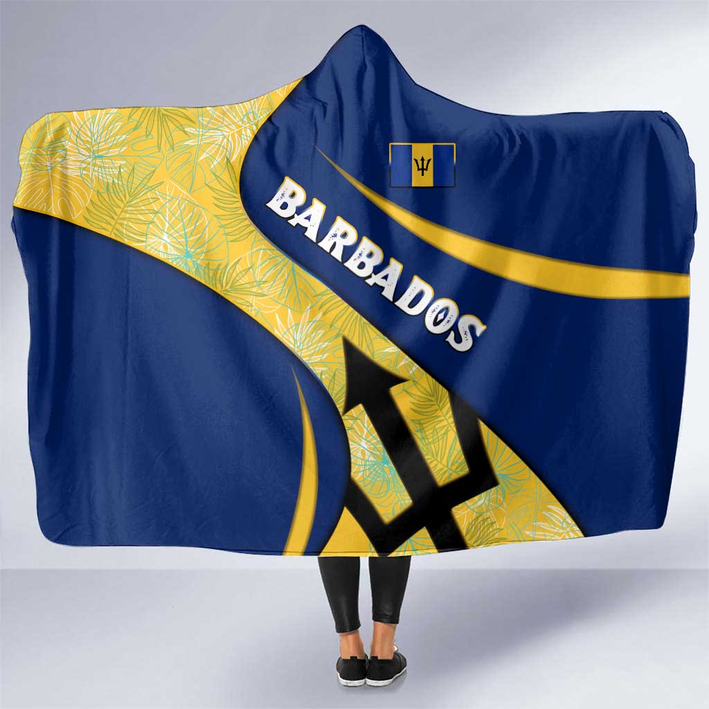 Barbados Flag Hooded Blanket Blue and Yellow with Trident and Tropical Leaf Pattern - Wonder Print Shop
