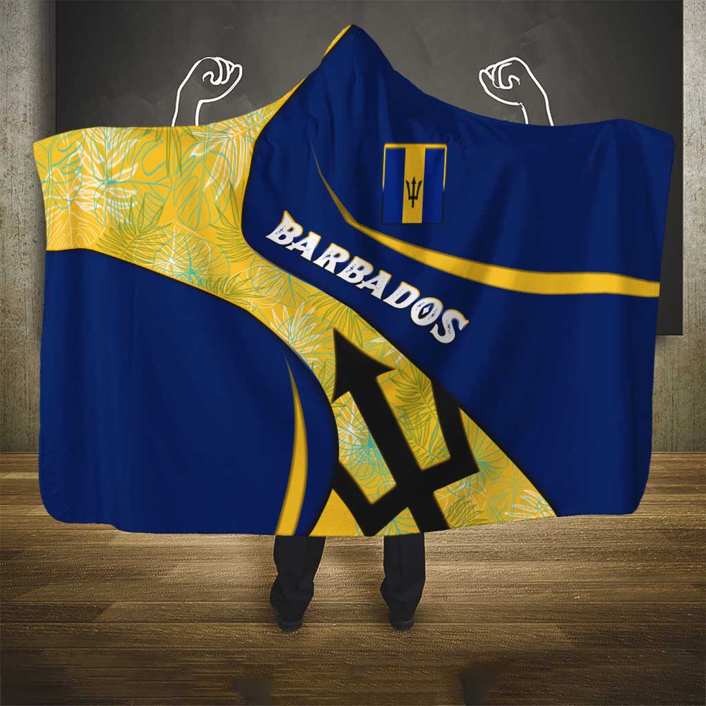 Barbados Flag Hooded Blanket Blue and Yellow with Trident and Tropical Leaf Pattern - Wonder Print Shop