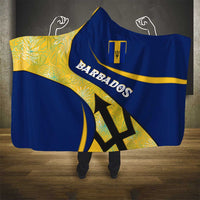 Barbados Flag Hooded Blanket Blue and Yellow with Trident and Tropical Leaf Pattern - Wonder Print Shop