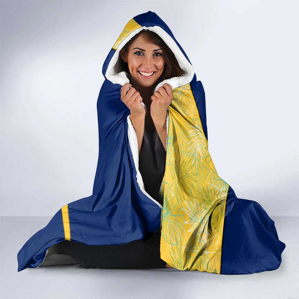 Barbados Flag Hooded Blanket Blue and Yellow with Trident and Tropical Leaf Pattern - Wonder Print Shop