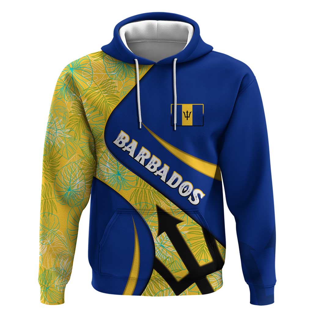 Barbados Flag Hoodie Blue and Yellow with Trident and Tropical Leaf Pattern - Wonder Print Shop