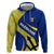 Barbados Flag Hoodie Blue and Yellow with Trident and Tropical Leaf Pattern - Wonder Print Shop
