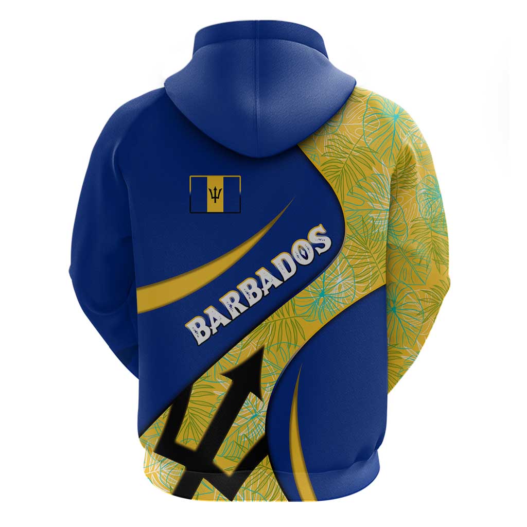 Barbados Flag Hoodie Blue and Yellow with Trident and Tropical Leaf Pattern - Wonder Print Shop