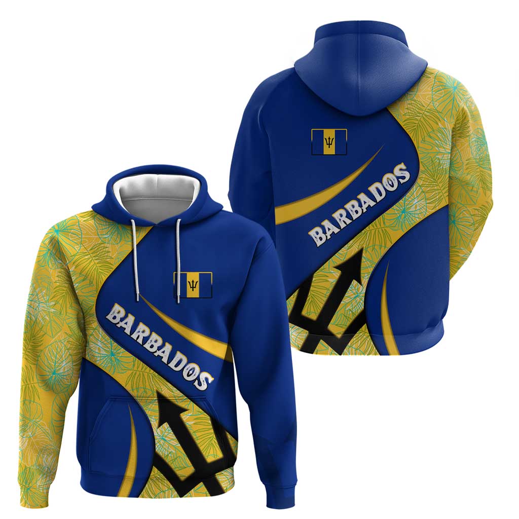 Barbados Flag Hoodie Blue and Yellow with Trident and Tropical Leaf Pattern - Wonder Print Shop