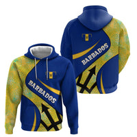 Barbados Flag Hoodie Blue and Yellow with Trident and Tropical Leaf Pattern - Wonder Print Shop
