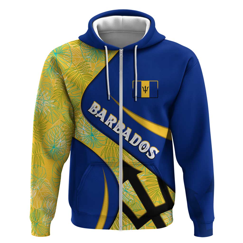 Barbados Flag Hoodie Blue and Yellow with Trident and Tropical Leaf Pattern - Wonder Print Shop