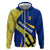 Barbados Flag Hoodie Blue and Yellow with Trident and Tropical Leaf Pattern - Wonder Print Shop