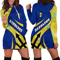 Barbados Flag Hoodie Dress Blue and Yellow with Trident and Tropical Leaf Pattern - Wonder Print Shop