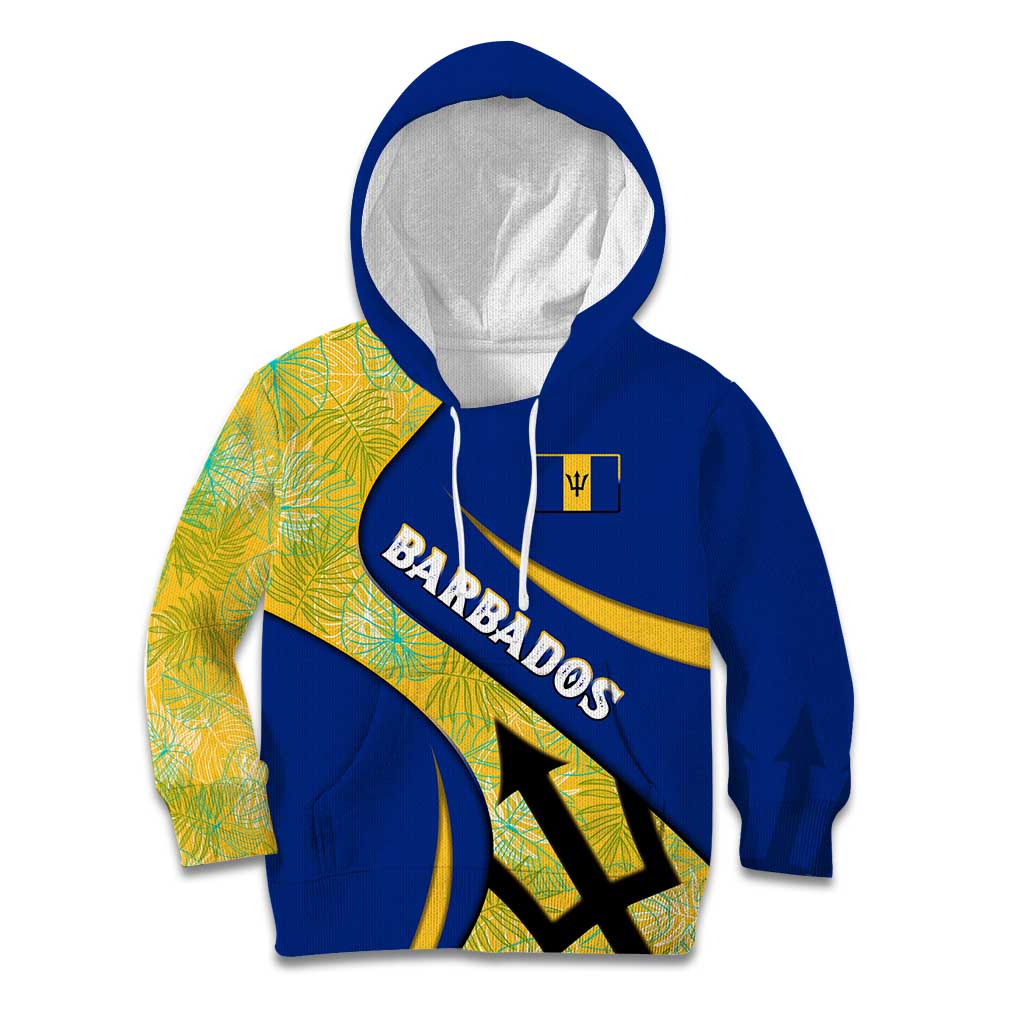 Barbados Flag Kid Hoodie Blue and Yellow with Trident and Tropical Leaf Pattern - Wonder Print Shop