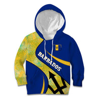 Barbados Flag Kid Hoodie Blue and Yellow with Trident and Tropical Leaf Pattern - Wonder Print Shop