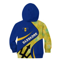 Barbados Flag Kid Hoodie Blue and Yellow with Trident and Tropical Leaf Pattern - Wonder Print Shop