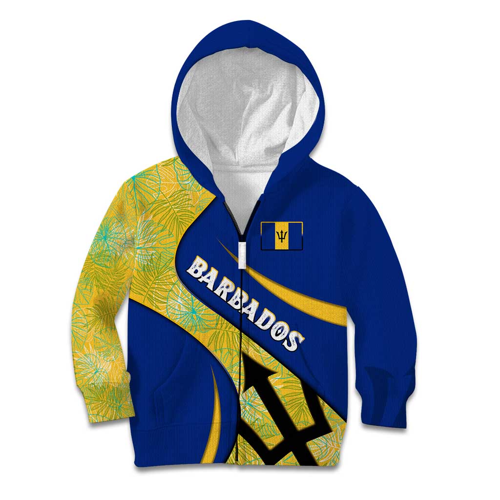 Barbados Flag Kid Hoodie Blue and Yellow with Trident and Tropical Leaf Pattern - Wonder Print Shop