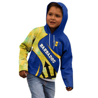 Barbados Flag Kid Hoodie Blue and Yellow with Trident and Tropical Leaf Pattern - Wonder Print Shop