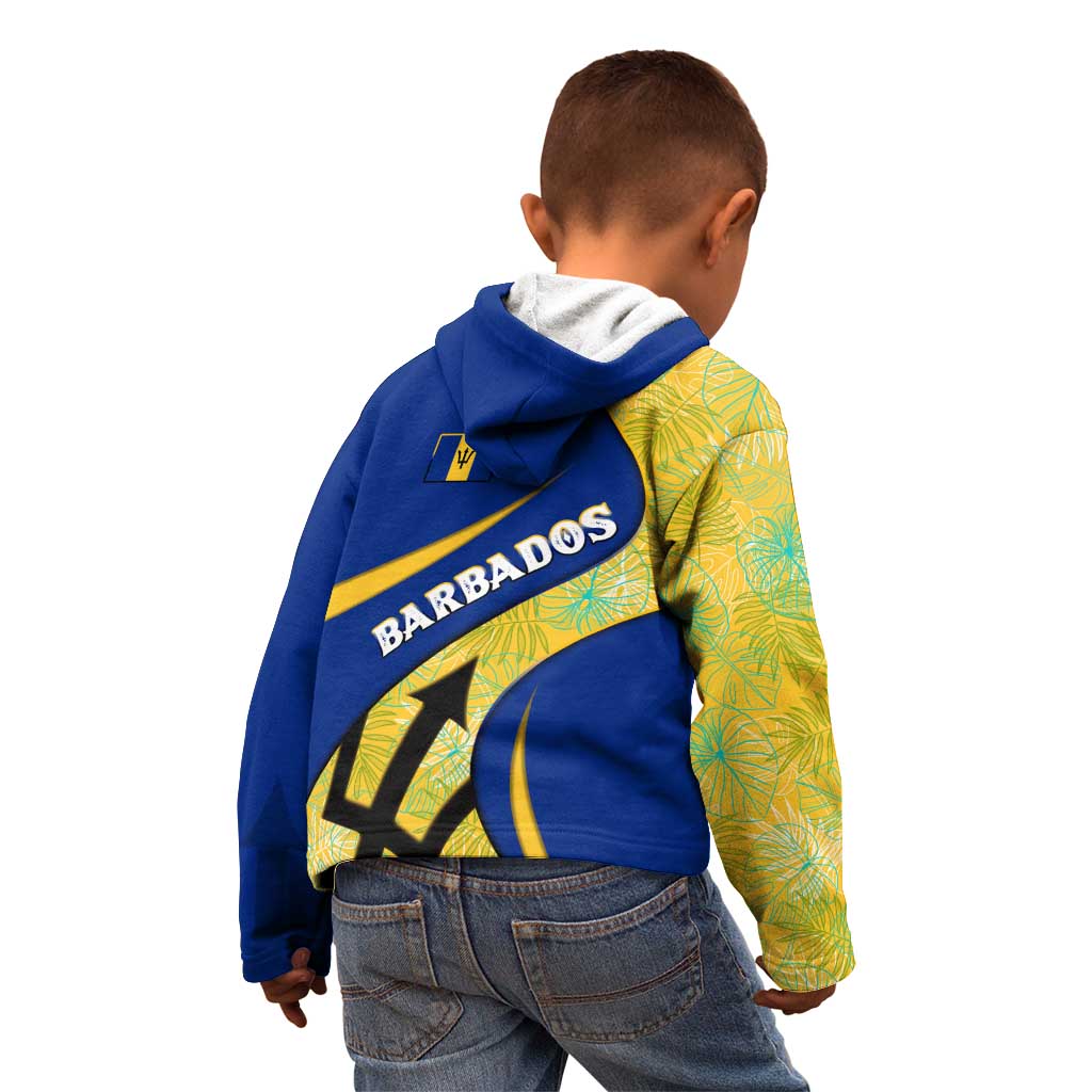 Barbados Flag Kid Hoodie Blue and Yellow with Trident and Tropical Leaf Pattern - Wonder Print Shop