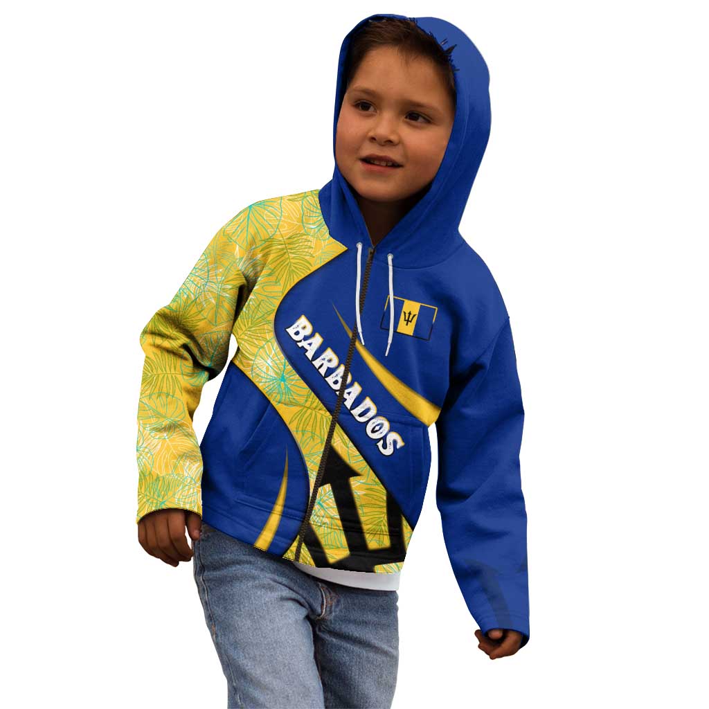 Barbados Flag Kid Hoodie Blue and Yellow with Trident and Tropical Leaf Pattern - Wonder Print Shop