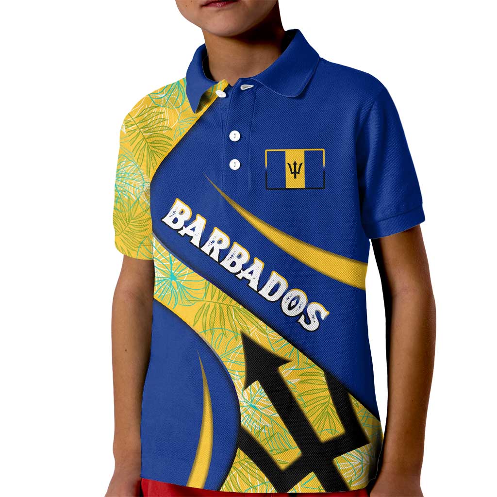 Barbados Flag Kid Polo Shirt Blue and Yellow with Trident and Tropical Leaf Pattern - Wonder Print Shop