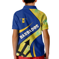 Barbados Flag Kid Polo Shirt Blue and Yellow with Trident and Tropical Leaf Pattern - Wonder Print Shop