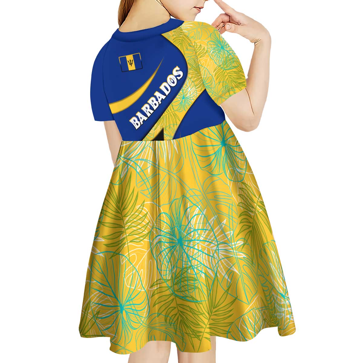 Barbados Flag Kid Short Sleeve Dress Blue and Yellow with Trident and Tropical Leaf Pattern - Wonder Print Shop