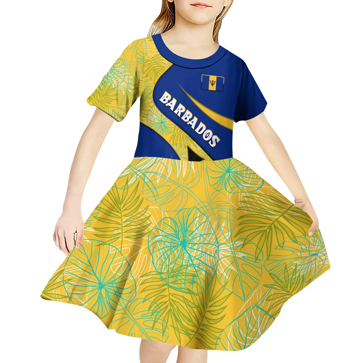 Barbados Flag Kid Short Sleeve Dress Blue and Yellow with Trident and Tropical Leaf Pattern - Wonder Print Shop
