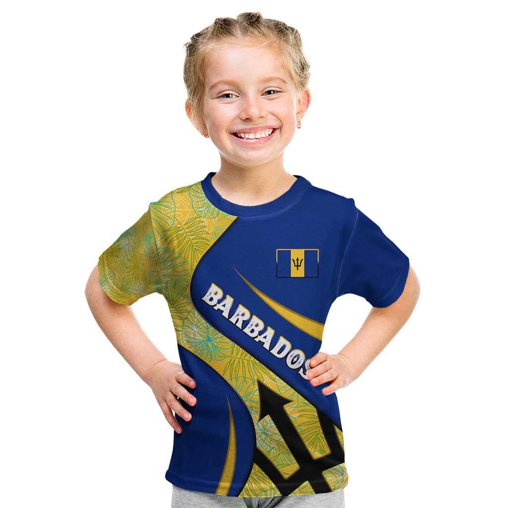 Barbados Flag Kid T Shirt Blue and Yellow with Trident and Tropical Leaf Pattern - Wonder Print Shop