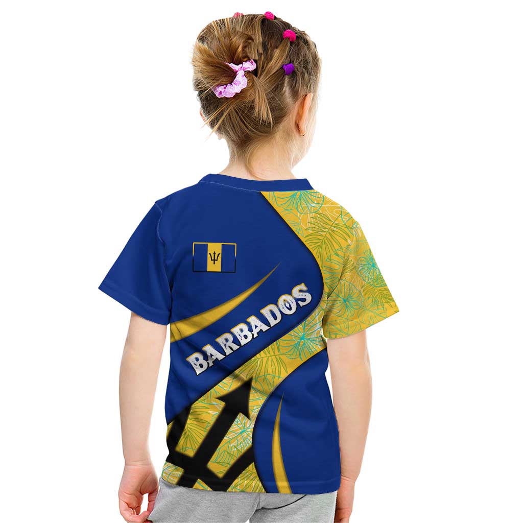 Barbados Flag Kid T Shirt Blue and Yellow with Trident and Tropical Leaf Pattern - Wonder Print Shop