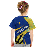Barbados Flag Kid T Shirt Blue and Yellow with Trident and Tropical Leaf Pattern - Wonder Print Shop