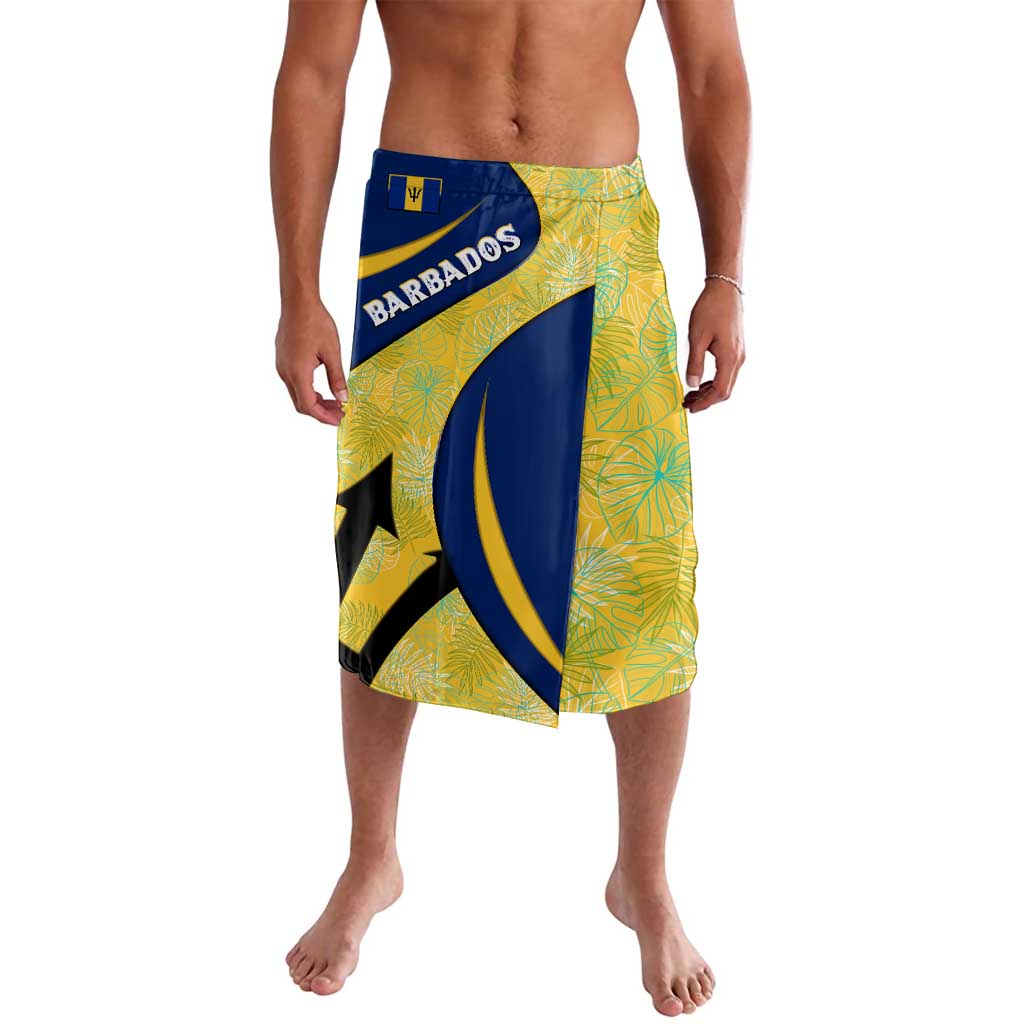 Barbados Flag Lavalava Blue and Yellow with Trident and Tropical Leaf Pattern - Wonder Print Shop