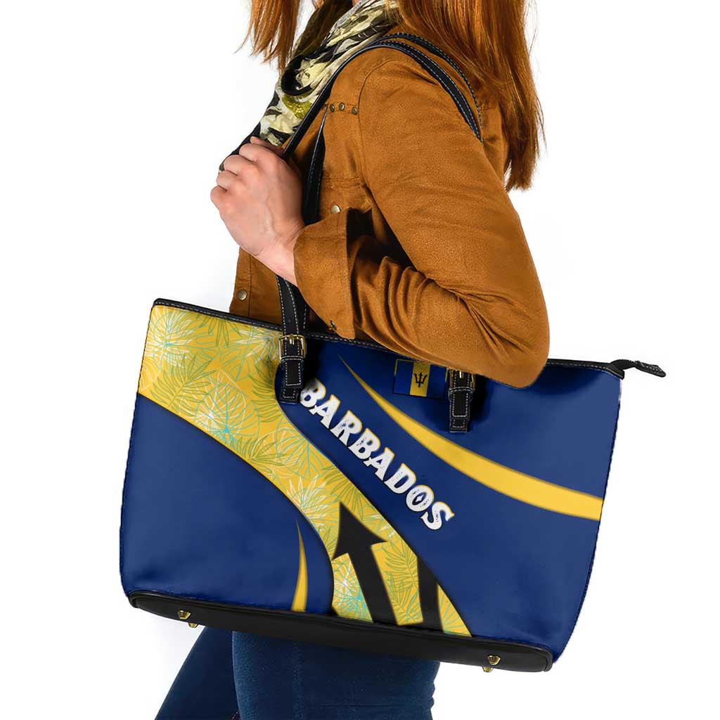 Barbados Flag Leather Tote Bag Blue and Yellow with Trident and Tropical Leaf Pattern - Wonder Print Shop
