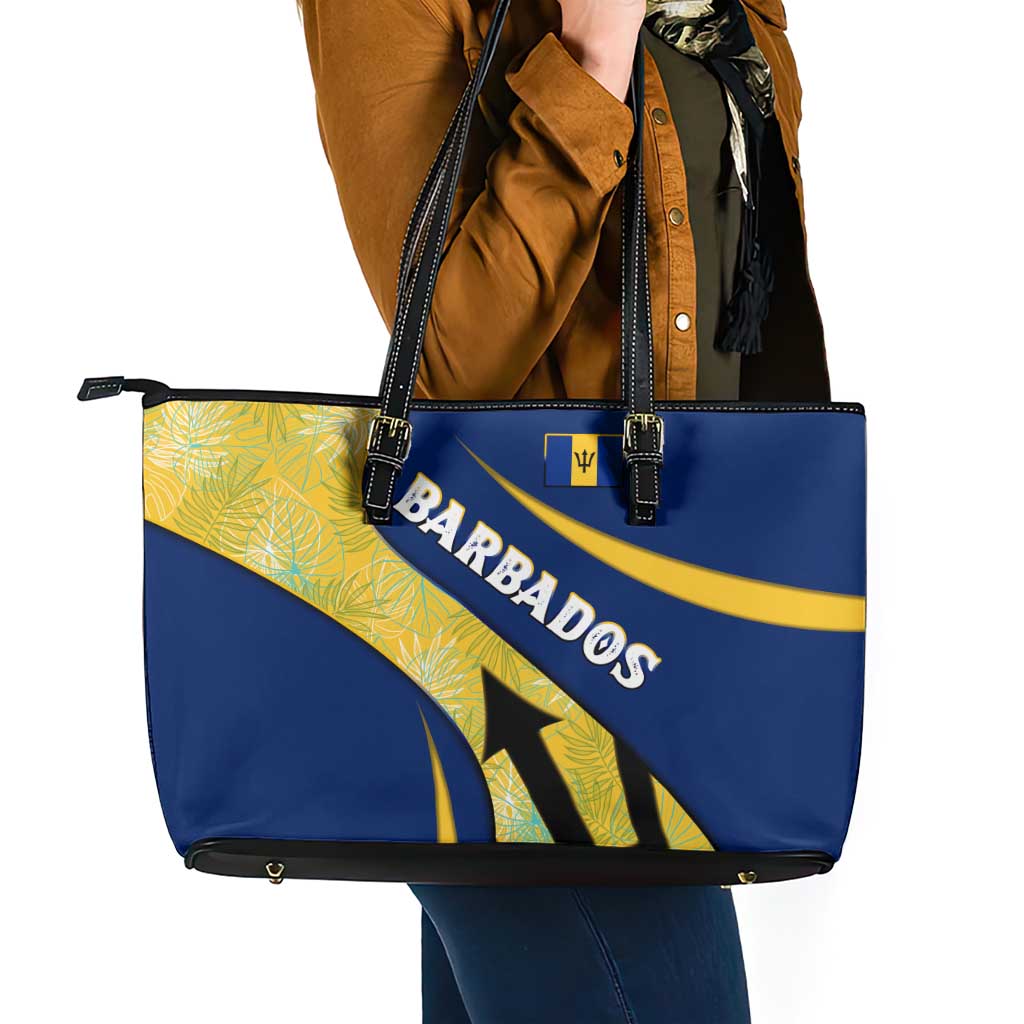 Barbados Flag Leather Tote Bag Blue and Yellow with Trident and Tropical Leaf Pattern - Wonder Print Shop