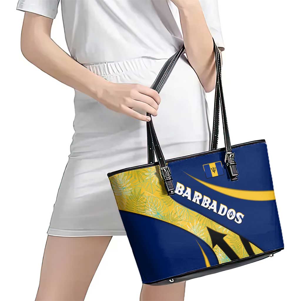 Barbados Flag Leather Tote Bag Blue and Yellow with Trident and Tropical Leaf Pattern - Wonder Print Shop