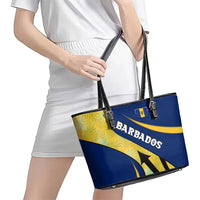 Barbados Flag Leather Tote Bag Blue and Yellow with Trident and Tropical Leaf Pattern - Wonder Print Shop