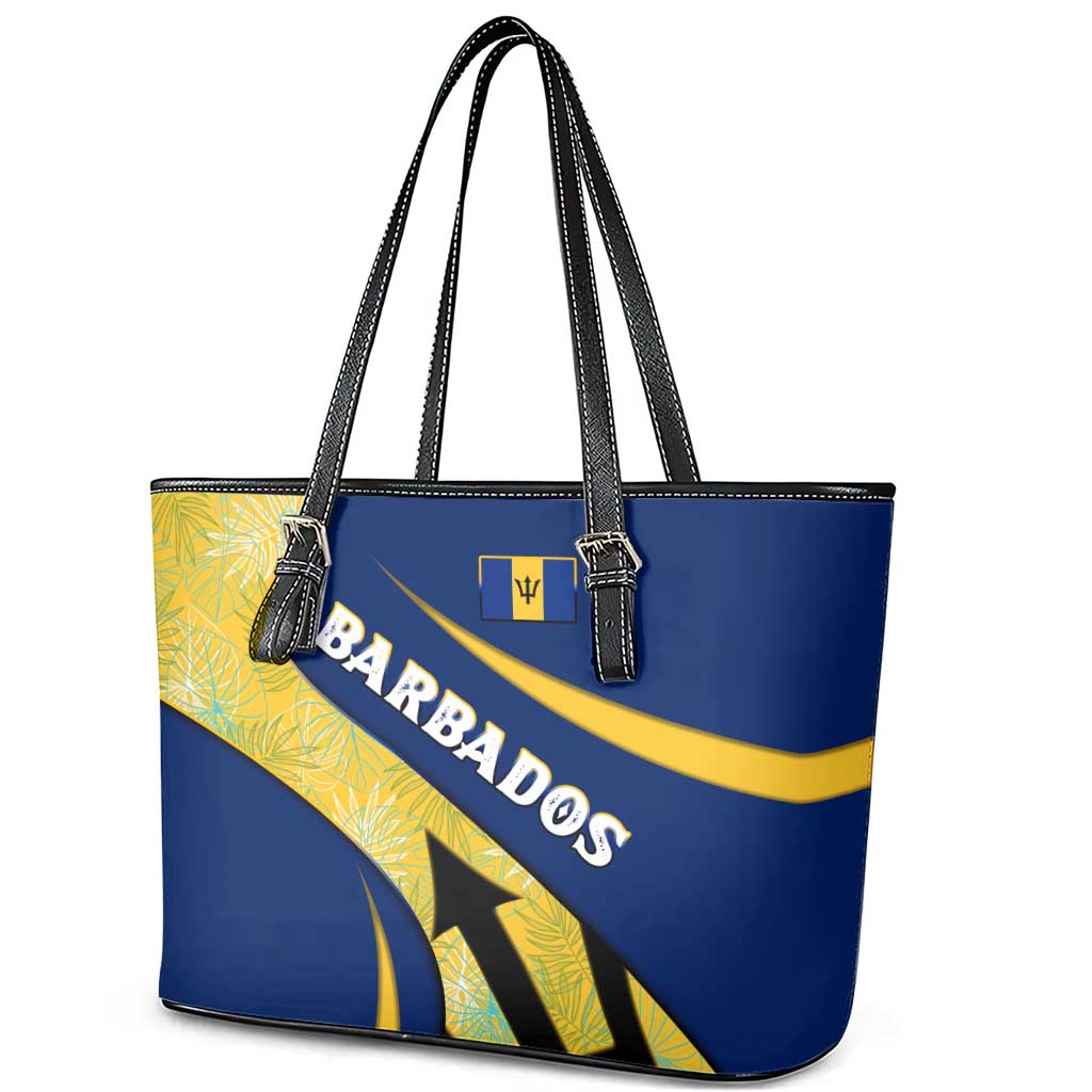 Barbados Flag Leather Tote Bag Blue and Yellow with Trident and Tropical Leaf Pattern - Wonder Print Shop